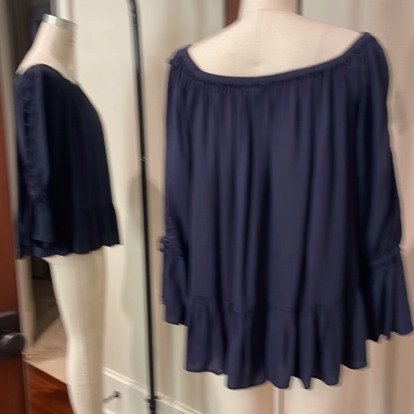 Loft Navy Elastic Neckline Rayon Blouse Size S - Picture 3 of 5